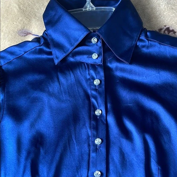 Bebe Blue Button Down Shirt with Notched Collar and Ruched Sleeves - Picture 3 of 4